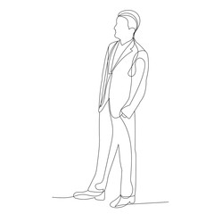 isolated, single line drawing of a man standing with his back
