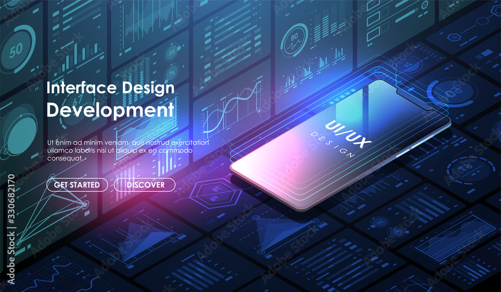 Poster Mobile app development and design. Concept user interface design UI / UX. Layout template website.