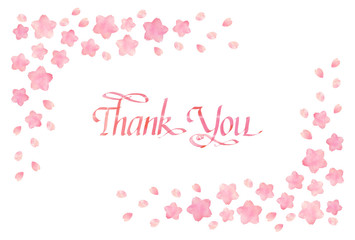 手描き　水彩　桜　手書きカリグラフィー　サンキューカード　背景白