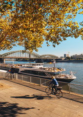 Cologne morning on the bank of River Rhein with tourist riding a bicycle in the morning light