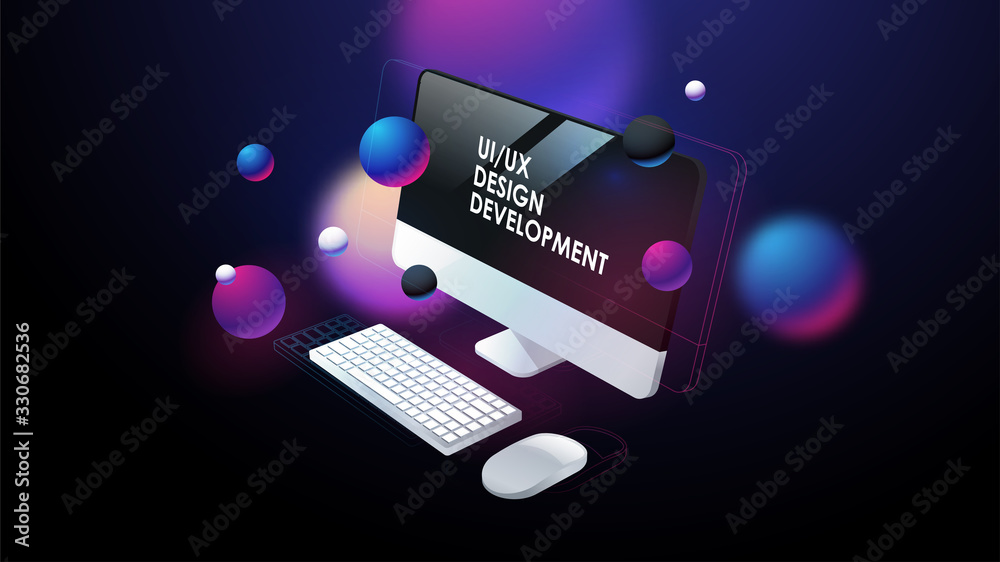 Poster computer monitor 3d vector illustration. ui and ux development, software engineering concept. creati