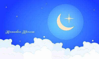 Ramadan kareem greeting card vector design. Ramadan shiny crescent moon and mosque. Ramadan Kareem Glorious month of Muslim year.
