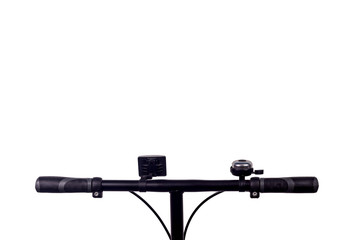 The handlebar of the bicycle with Reflectors and bells isolated on white background.

