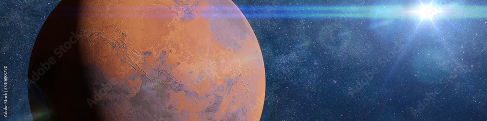 Wall mural planet mars, the red world in the solar system in front of the milky way galaxy