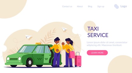 The taxi driver helps the girl with the luggage. People stand near a yellow car. Modern flat vector illustration. Landing web page template.