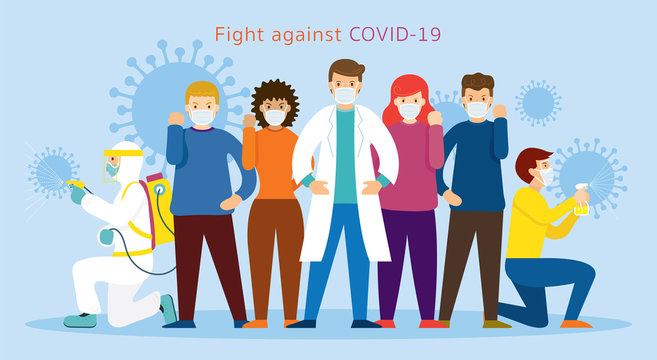 People and Doctor wearing Face Mask Fight Against Covid-19 or Coronavirus