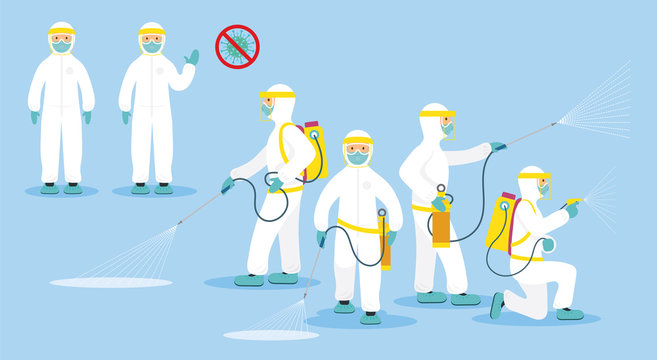People in Protective Suit or Clothing, Spray to Cleaning and Disinfect Covid-19 or Coronavirus