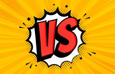 Fight comic speech bubble with expression text VS or versus, clouds and stars Vector bright dynamic cartoon illustration in retro pop art style on rays yellow background.