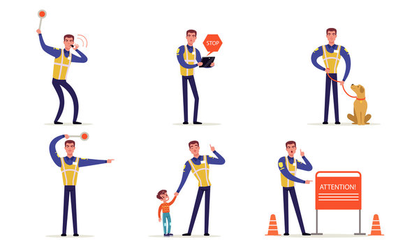 Traffic Police Officer in Uniform Collection, Policeman Standing on Road and Making Signs with his Hands Vector Illustration