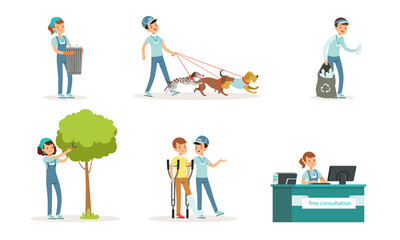 Volunteers Collection, Young People Helping Disabled, Walking with Dogs, Caring for Garden and Collecting Garbage Vector Illustration