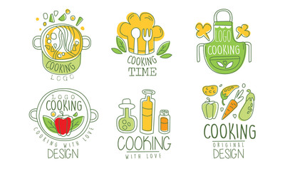 Cooking Time Logo Design Collection, Culinary Class, Kitchen, Cuisine Hand Drawn Badges Vector Illustration