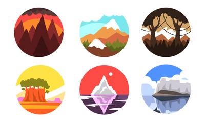 Wild Nature Landscapes in Circles Collection, Beautiful Sceneries at Different Times of Day Vector Illustration