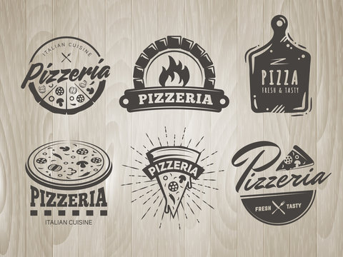 Pizza logos. Set of pizzeria badges with whole pizzas and slices. Labels for trattoria, pizzeria, Italian cuisine restaurant of cafe on vintage wooden background