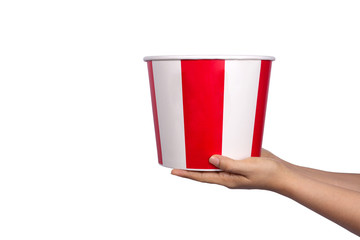 Women hand holding  bucket isolated on white background.For Fried chicken,pop corn , ice cream,Opening the lid