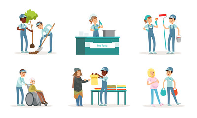 Volunteers Collection, Young People Helping Seniors, Painting Walls, Planting Trees, Cleaning and Sorting Garbage Vector Illustration