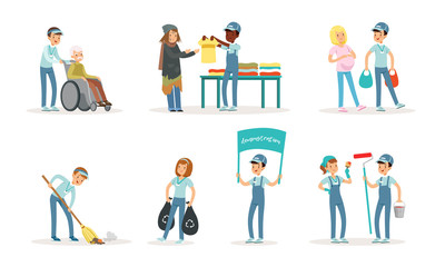 Volunteers Collection, Guys and Girls Helping Seniors, Painting Walls, Supporting People in Need, Cleaning Streets Vector Illustration