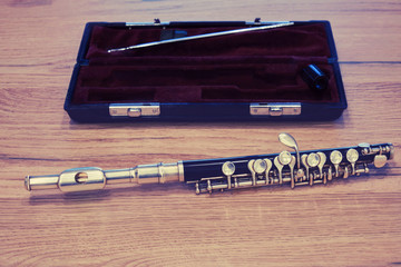 Piccolo flute with red case, close-up