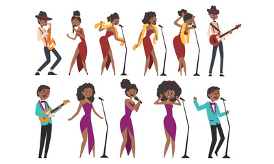 Jazz Band, African American Men and Women Singing and Playing Different Musical Instruments Vector Illustration