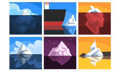 Collection of Icebergs Floating on Water with Underwater Parts, Beautiful Nothern Landscape Vector Illustration