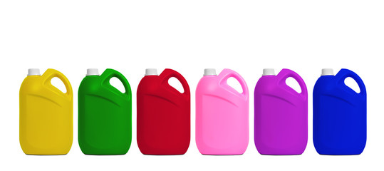 Colorful plastic gallon for Fabric softener, laundry detergent isolated on white background