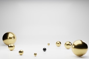 Shapes 3d abstract geometric background. Golden balls, white spheres rendering. Flying polygonal spheres in empty space. Futuristic background with bokeh effect. Poster design