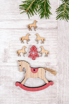 Horses and hobbyhorse toys wood decoration for Christmas