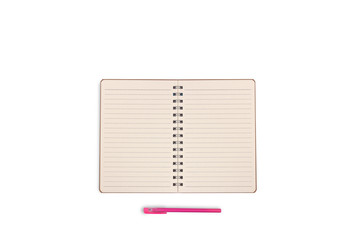 Notebook with pen isolated on white background.Top view