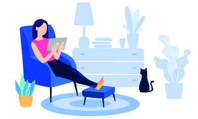 Evaluation of online support, contract service or purchase product. Young clever student drinking coffee and reading a novel at home. Vector cartoon illustration isolated on white background.