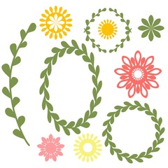 Spring wreath floral elements - flowers, leaves, branch, wreath. 
