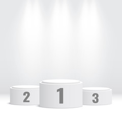 White winners podium with spotlights. Pedestal. Vector illustration.