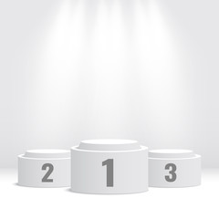 White winners podium with spotlights. Pedestal. Vector illustration.