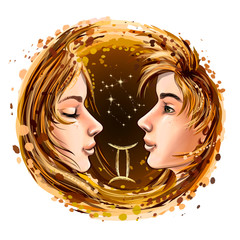 Gemini is a sign of the zodiac. Artistic, color, drawn image of the Gemini zodiac with a symbol and star scheme in watercolor style on a white background.