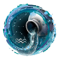 Aquarius is a sign of the zodiac. Artistic, color, drawn image of the Aquarius zodiac with a symbol and star scheme in watercolor style on a white background. - obrazy, fototapety, plakaty