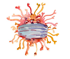 Watercolor hand-drawn sketch. Round Scary Virus Molecule. Warning text announcement. Illustration isolated on white