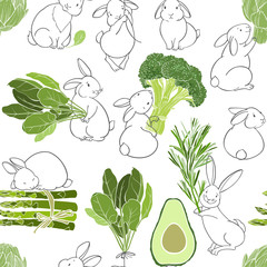 Seamless pattern. Cute rabbits with vegetables. Cartoon vector illustration. Animal background.