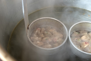 The cooking process of Chinese traditional snacks, noodles served with soy sauce and pansit