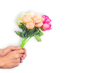 ็Hand holding Rose bouquet isolated on white background