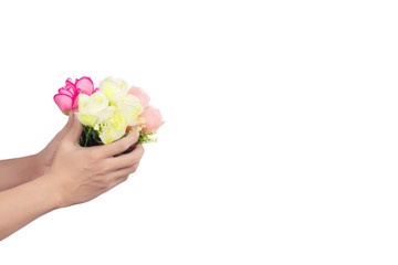 Man hand holding  a bouquet of roses isolated on white background.