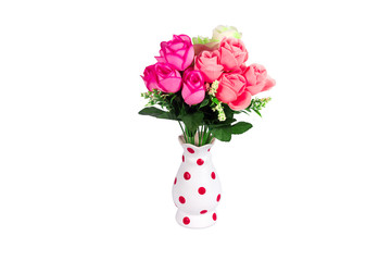 Plastic roses in vase isolated on white background.