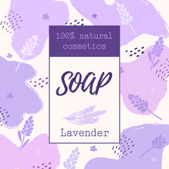 Background with natural lavender soap label. natural cosmetics