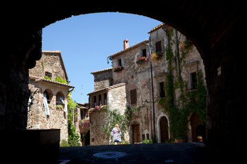 Montemerano (GR), Italy - September 11, 2017: The square in Montemerano village, Manciano, Grosseto, Tuscany, Italy, Europe