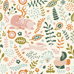 seamless pattern with nature ornament. Leaves, flowers, bird, deer and hare - 330692580