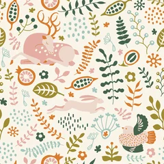Rolgordijnen seamless pattern with nature ornament. Leaves, flowers, bird, deer and hare © yarrowbuttercup