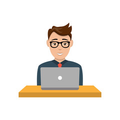 Man working on a laptop computer. Surfing in the internet. And chatting with friends. Shopping online and making payment. Isolated flat vector illustration