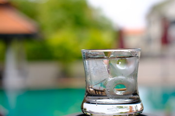 glass of water with ice on green background
