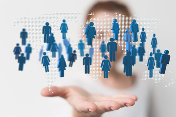 Digital hologram of the Earth with satellites on orbit. Digital globe with statistics data..