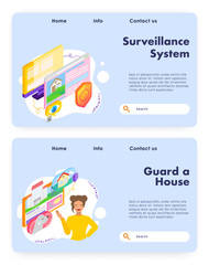 House protection and surveillance system. Home guard, dog, emergency call. Vector web site design template. Landing page website concept illustration.