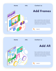 Photo gallery carousel and frame. Augmented reality technology, mobile phone game. Vector web site design template. Landing page website concept illustration.