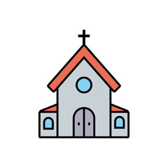Church building with cross flat icon. Vector sign, colorful pictogram isolated on white. Church house symbol, logo illustration. Flat style design