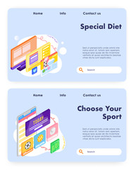 Healthy diet program. Dairy food products. Choose your sport today. Vector web site design template. Landing page website concept illustration.
